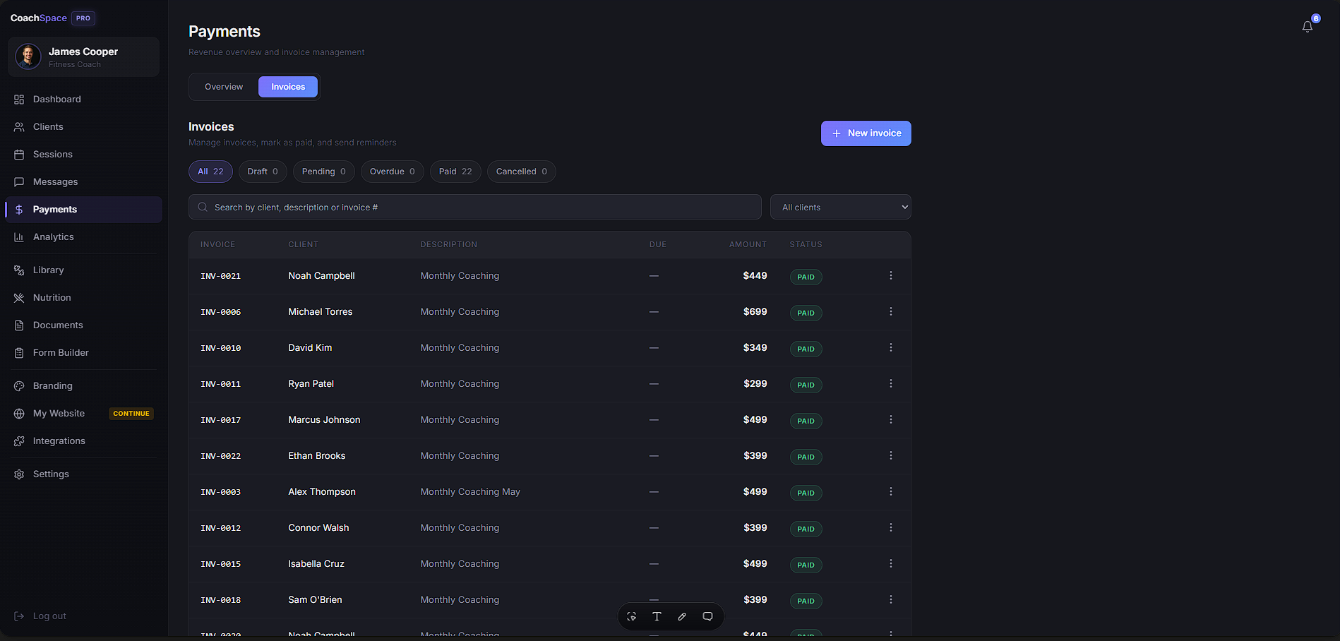 CoachSpace payments and invoices